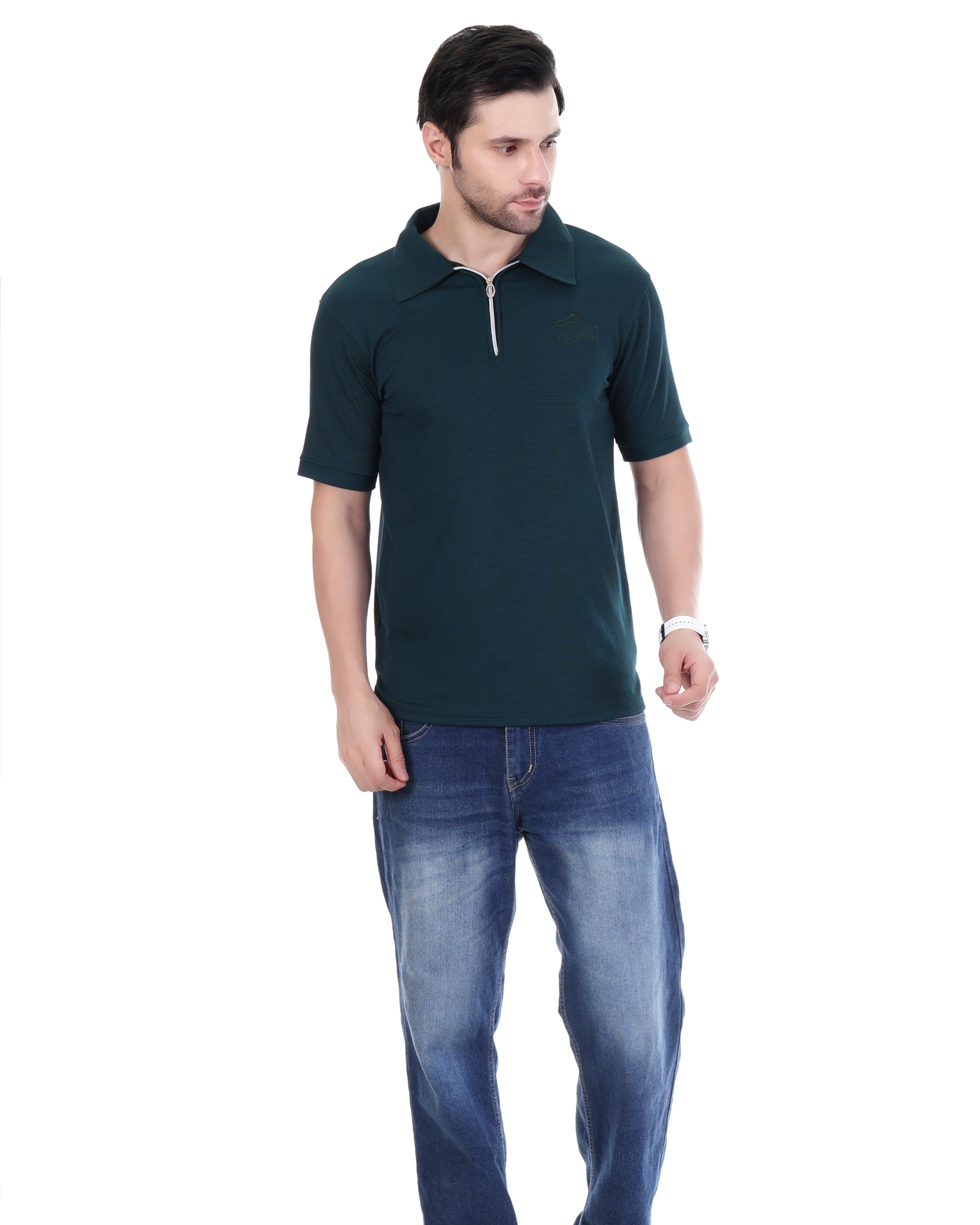 Men's Dark Teal Textured Polo T-Shirt – Classic Collar & Half Sleeves